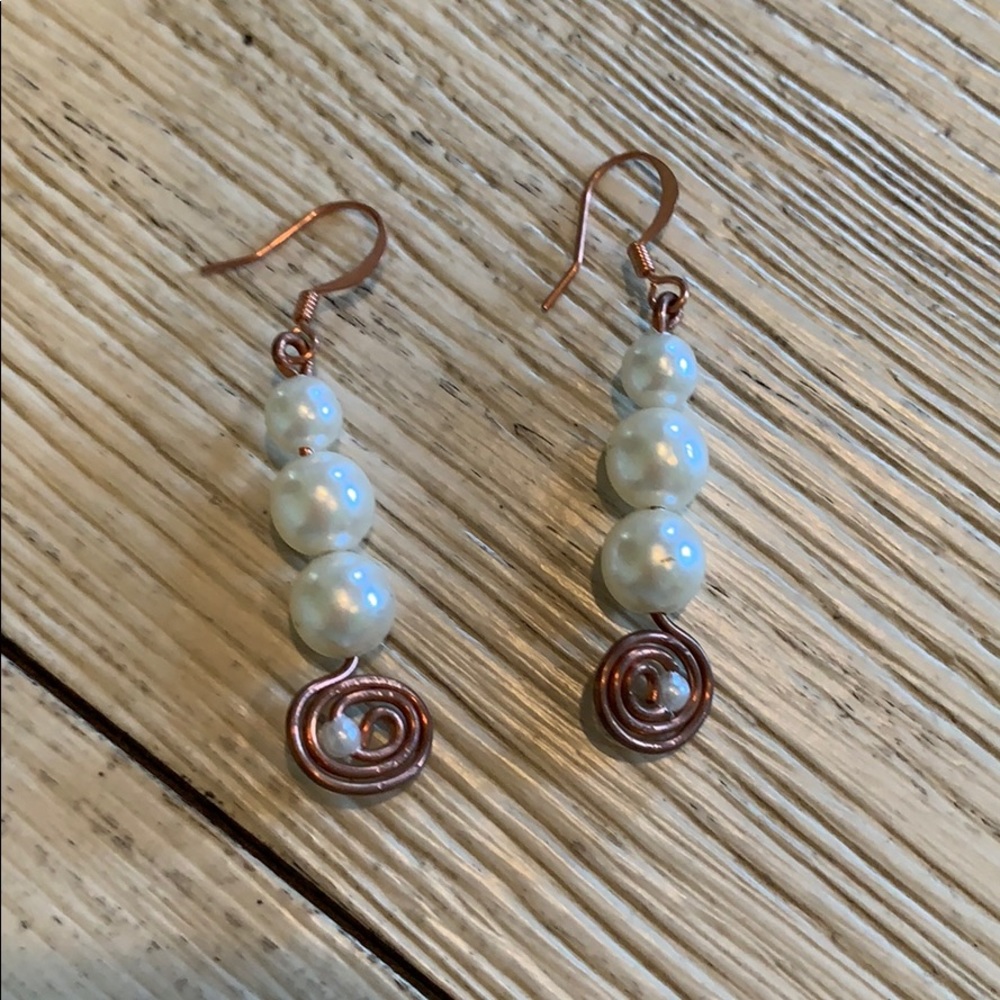 HANDMADE copper and faux pearl earrings